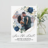 Navy Gold White Champagne Elfenbeinische Rose Save The Date (Stehend Vorderseite)