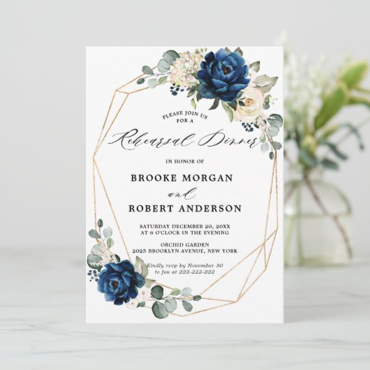 Navy Gold White Champagne Ivory Probe Dinner Einladung (Stehend Vorderseite)