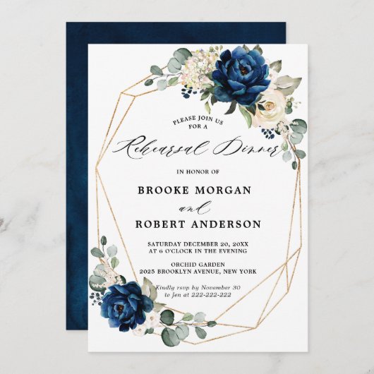 Navy Gold White Champagne Ivory Probe Dinner Einladung (Vorne/Hinten)