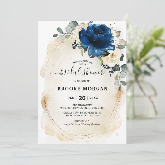 Navy Gold White Champagne Ivory Rose Brautparty Einladung (Stehend Vorderseite)