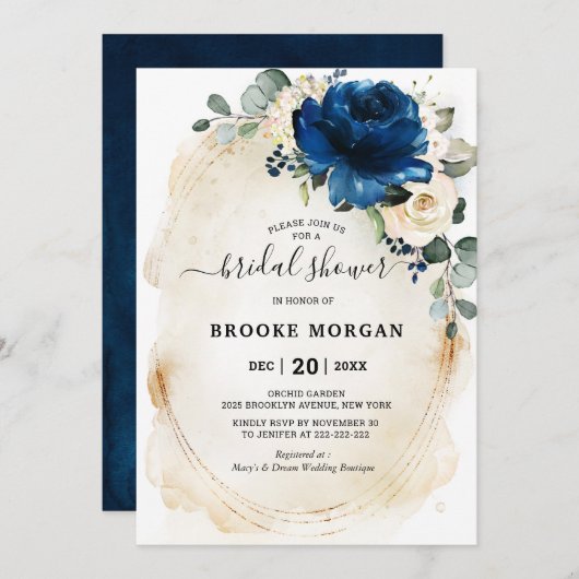 Navy Gold White Champagne Ivory Rose Brautparty Einladung (Vorne/Hinten)