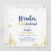 Navy & Gold Winter Onederland 1. Geburtstag Einladung (Vorderseite)