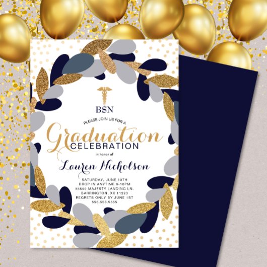 Navy Gold Wreath Nurse Graduation Party Einladung