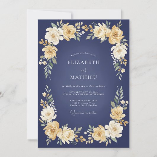 Navy Golden Bloom Hochzeit Einladung (Vorderseite)