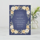 Navy Golden Bloom Hochzeit Einladung (Stehend Vorderseite)