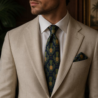 Navy Golden Pineapple Vintage Tropisch Krawatte