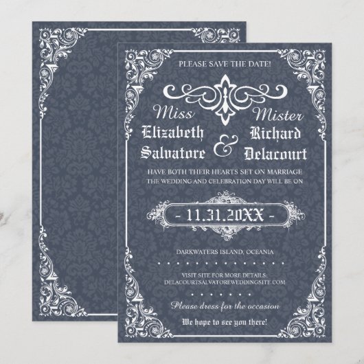 Navy Gothic Viktorianisch Damask Save the Data Date (Vorne/Hinten)