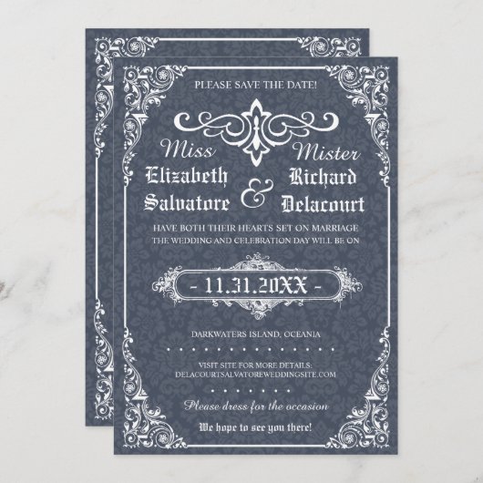 Navy Gothic Viktorianisch Damask Save the Data Save The Date (Vorne/Hinten)