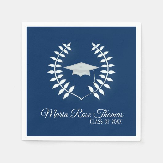 Navy Grad Cap & Blätter Paper Napkins Serviette (Vorderseite)