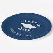 Navy Grad Cap und Blätter Papier Teller 9" (Schrägansicht)