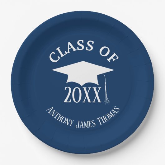 Navy Grad Cap und Blätter Papier Teller 9" (Vorderseite)