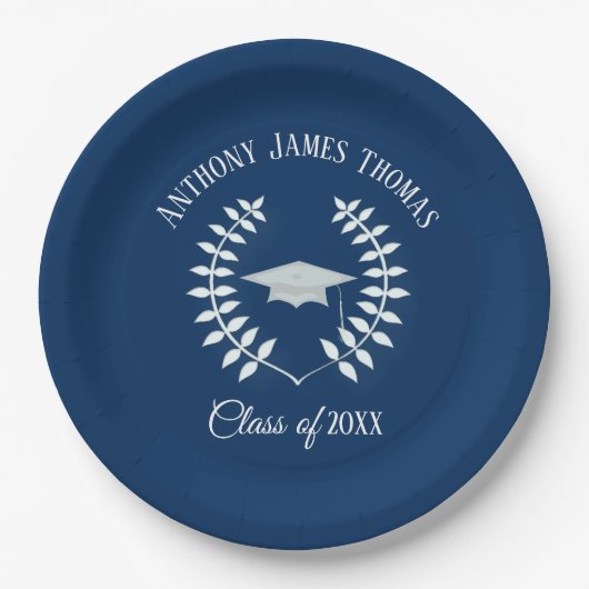 Navy Grad Cap und Blätter Papier Teller 9" (Vorderseite)