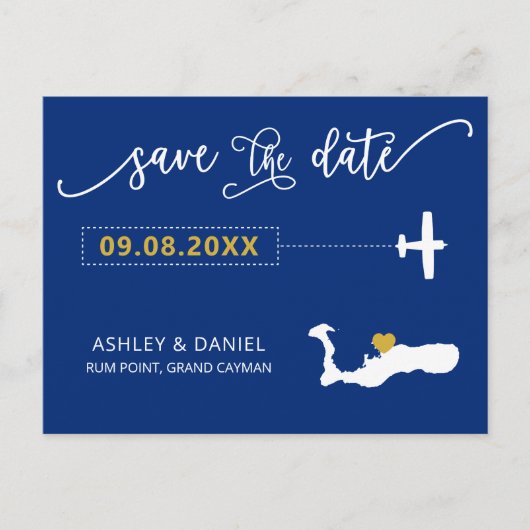 Navy Grand Cayman Wedding Save the Date Map Postkarte (Vorderseite)
