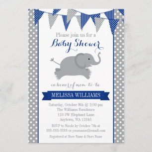 Navy Gray Elephant Polka Dot Bunting Baby Shower Einladung
