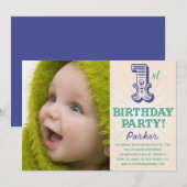 NAVY & GREEN 1ST| ERSTE BIRTHTAGINVITÄT EINLADUNG (Vorne/Hinten)