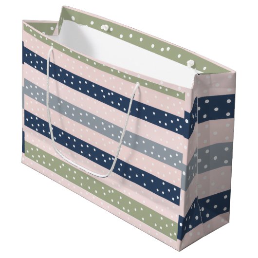 Navy Green and Gray Polka Stripe Pattern – Elegant Große Geschenktüte (Vorderseite Schrägansicht)
