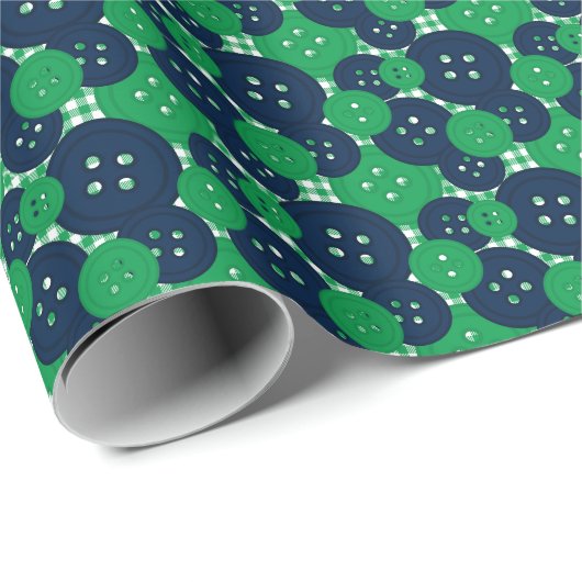 Navy & Green Buttons Gingham - Bastel- und Nähzimm Geschenkpapier (Rolleneckpunkt)