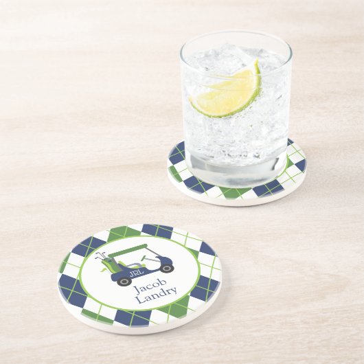 Navy & Green Golf Personalisiert Getränkeuntersetzer (Seite)