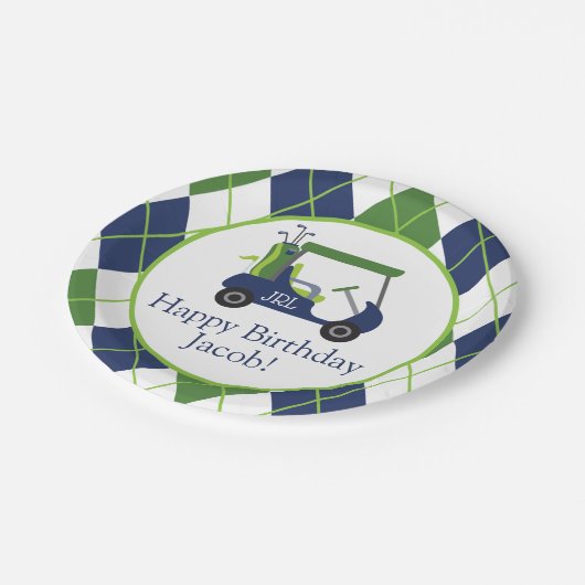 Navy & Green Golf Personalisiert Party Teller (Schrägansicht)