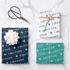 Navy Green Repetier Monogram Name Star Geschenkpapier Set