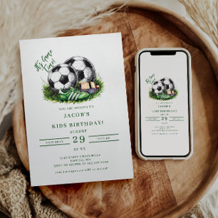 Navy Green Soccer Kids Watercolo Einladung