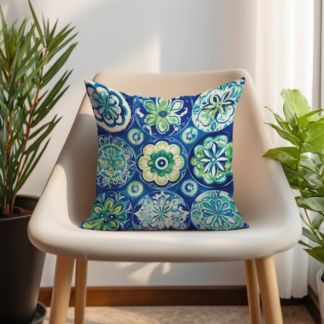 Navy Green Turquoise Boho Floral Kissen (Navy Green Turquoise Boho Floral Throw Pillow)