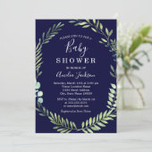 Navy Green Watercolor Wreath Boy Baby Dusche Einladung (Stehend Vorderseite)
