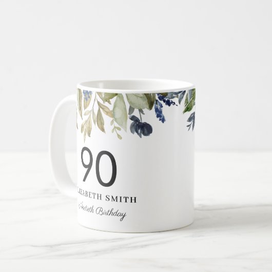 Navy Greenery Blätter Personalisiert 90. Geburtsta Kaffeetasse (Vorderseite Links)