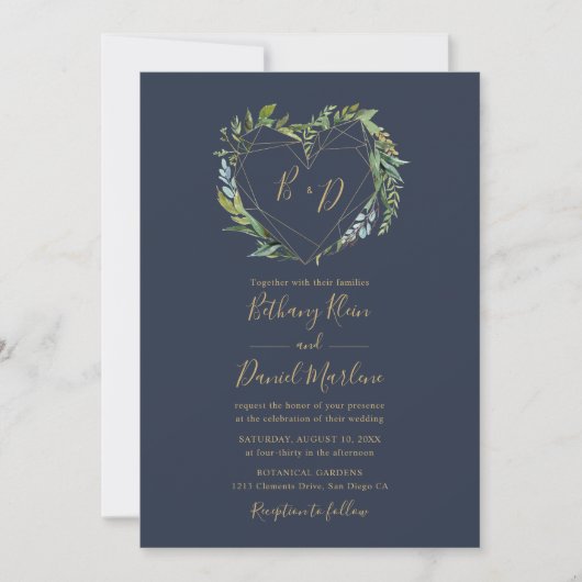 Navy Greenery with Geometric Heart Wedding Einladung (Vorderseite)