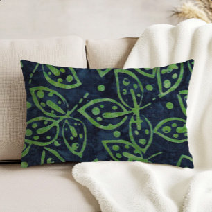 Navy Grünes Blattwerk Boho Batik-Look Dekokissen