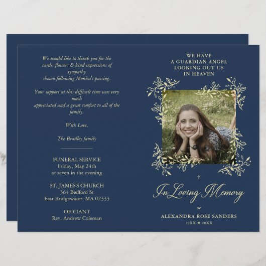 Navy Hand Lettered Chic Flourish Funeral Memorial (Vorne/Hinten)