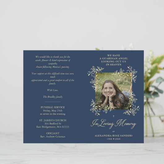 Navy Hand Lettered Chic Flourish Funeral Memorial (Stehend Vorderseite)
