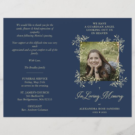 Navy Hand Lettered Chic Flourish Funeral Memorial (Vorderseite)
