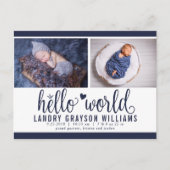 Navy Hello World Foto Birth Stat Ankündigungspostkarte (Vorderseite)