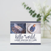 Navy Hello World Foto Birth Stat Ankündigungspostkarte (Stehend Vorderseite)