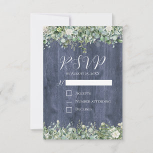 Navy Holz Eukalyptus Hochzeit RSVP Karte   Rustika