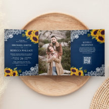 Navy Holz Spitze Sonnenblume Foto QR Code Hochzeit