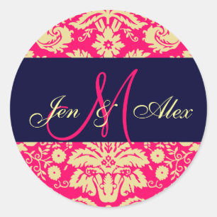 Navy & Hot Pink Monogram Damask Wedding Siegel Runder Aufkleber