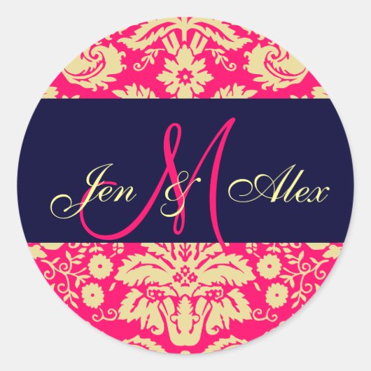 Navy & Hot Pink Monogram Damask Wedding Siegel Runder Aufkleber (Vorderseite)