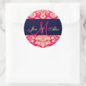 Navy & Hot Pink Monogram Damask Wedding Siegel Runder Aufkleber (Tasche)