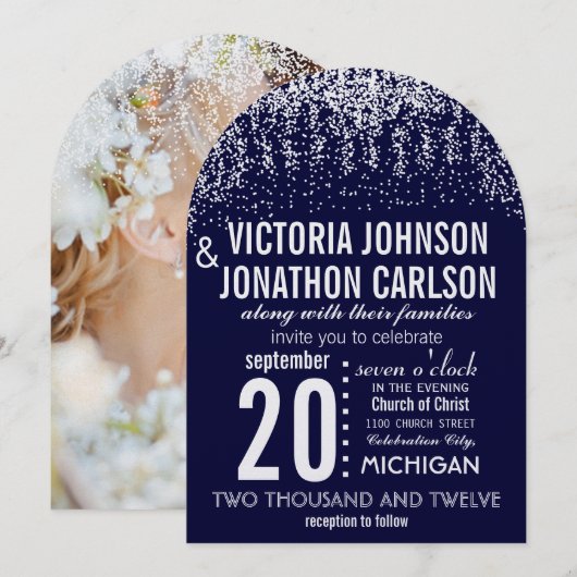 Navy Ihr Foto Confetti ModernTypografie Einladung (Vorne/Hinten)