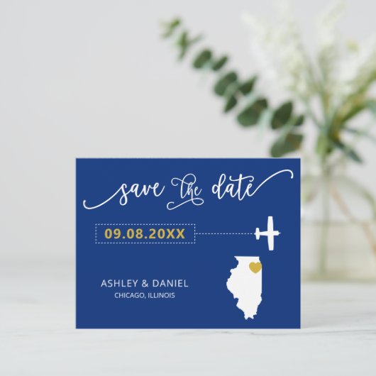 Navy Illinois Wedding Save the Date Map Postcard Postkarte (Stehend Vorderseite)