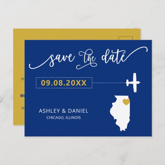 Navy Illinois Wedding Save the Date Map Postcard Postkarte (Vorne/Hinten)
