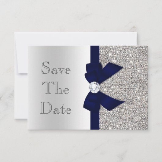 Navy Imitats Bow & Diamonds Silver Save the Date (Vorderseite)