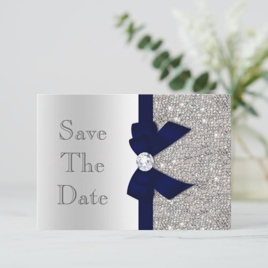 Navy Imitats Bow & Diamonds Silver Save the Date (Stehend Vorderseite)
