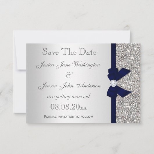 Navy Imitats Bow & Diamonds Silver Save the Date (Rückseite)