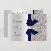 Navy Imitats Bow & Diamonds Silver Save the Date (Vorne/Hinten)