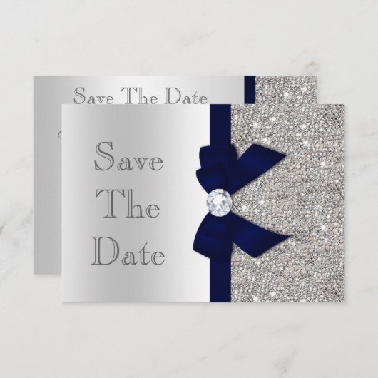 Navy Imitats Bow & Diamonds Silver Save the Date (Vorne/Hinten)