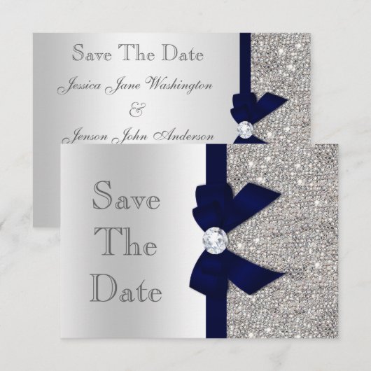 Navy Imitats Bow & Diamonds Silver Save the Date (Vorne/Hinten)