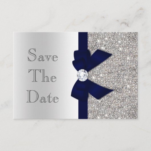 Navy Imitats Bow & Diamonds Silver Save the Date (Vorderseite)